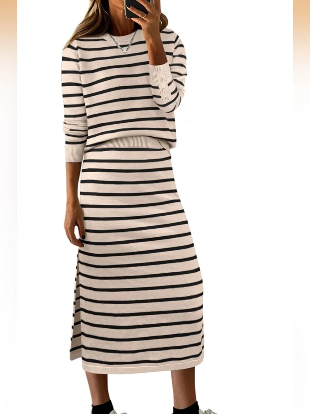 ANRABESS 2 Piece Skirt Set For Women, Size XL Beige/Black Stripe - Picture 4 of 11
